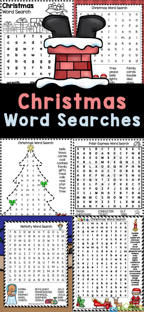 These Christmas Word Searches are fun, engaging activity for kids during December. These christmas word search printable pages have varying degrees of difficulty making these holiday word search fun for children in preschool, pre-k, kindergarten, first grade, 2nd grade, 3rd grade, 4th grade, and 5th graders too. Simply print the free printable christmas word search for kids to play and learn while finding words to do with December 25th like wreath, tree, bow, sleigh, Santa, gifts, cookies, ... A Christmas Carol Activities For Kids, Christmas Word Search For Kids, December Worksheets, Third Grade Christmas, Christmas Literacy Activities, Christmas Word Search Printable, Homeschool Christmas, Holiday Word Search, Christmas Printable Activities