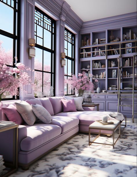 Purple Home Aesthetic, Purple House Interior Ideas, Lilac Living Room Ideas, Purple Library, Lilac Living Room, Lavender Living Room, Purple Monochrome, Purple Living Room, Classy Decor