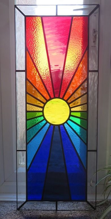 Long Sunburst! Gallery Glass Paint Ideas, Stained Glass Geometric Patterns, Abstract Stained Glass Patterns, Sunburst Stained Glass Pattern, Sun Stained Glass Window, Stained Glass Sunrise, Sunrise Stained Glass Pattern, Stainglass Patterns Abstract, Sunburst Stained Glass Panel