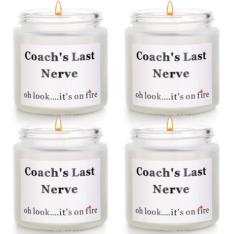 PRICES MAY VARY. PACKAGE INCLUDE: You will get 4 pcs Coach's Last Nerve Candles, measuring 2.3"H x 1.5"D, this scented candle comes in a reusable glass jar with metal lid, and an elegant box ready for coach appreciation gifts. FUNNY COACHES GIFTS: With its hilarious saying, this candle is a unique gift for the important coach in your life to reward all the hard work they do for us. When it's time for coach’s birthday, the end of season banquet, retirement, graduation, Thanksgiving’s Day, Christm Senior Football Gifts Goodie Bags, Softball Banquet Gift Ideas, Field Hockey Coach Gift Ideas, Xc Coach Gift Ideas, Volleyball Coaches Gift Ideas, 8th Grade Softball Night Gifts, Sports Team Gifts, Football Coaches Gifts, Senior Wrestling Gifts