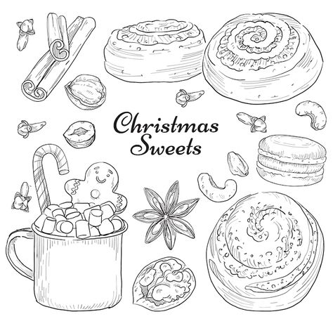 Premium Vector | Hand drawn christmas sweets, tasty collection of holiday food Christmas Dinner Drawing, Cinnamon Rolls Drawing, Christmas Food Drawing, Christmas Food Illustration, Christmas Cookies Drawing, Chinese Food Illustration, Gingerbread Drawing, Cookie Drawing, Xmas Drawing