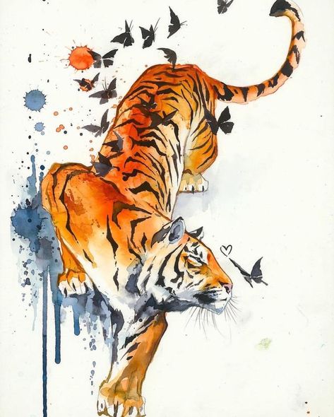 Tiger Watercolor, Cute Tattoo Ideas, Lora Zombie, Cute Tattoo, Wal Art, Dynamic Art, Tiger Painting, Arte 8 Bits, Big Cats Art