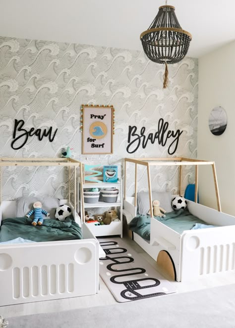 Shared Boys Bedroom, Twin Boys Room, Twin Boys Bedroom, Boys Shared Bedroom, Toddler Floor Bed, Toddler Boy Room Decor, Boy Toddler Bedroom, Boy Bedrooms, Toddler Boy Room