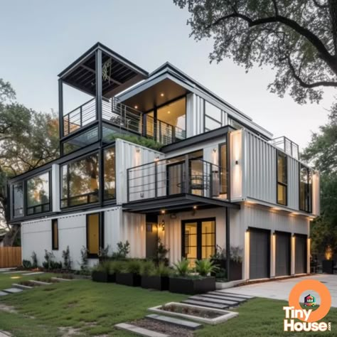 Check out this stunning shipping container house!  With its sleek ultra-modern design, featuring white, gray, black, and metallic colors, it's the perfect inspiration for your own container house project.  What are you planning to build? Share your ideas! #containerhouse #designinspiration #tinyhouse Container House Design Large, Large Container Homes Ideas Design, C Can House, Storage Homes, Cargo House, Amazing Bedroom Designs, Storage Container Homes, Shipping Container House Plans, A Frame House Plans