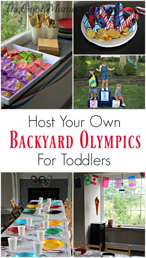 Host Your Own Backyard Olympics for Toddlers Toddler Olympic Games, Olympics For Toddlers, Baby Olympics Games, Olympic Games Birthday Party, Yard Olympics Outdoor Games, Toddler Olympic Activities, Olympic Theme Birthday Party For Kids, Backyard Olympics For Kids, Olympic Games For Toddlers