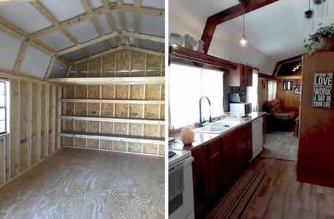 Before and After - LP SmartSide Lofted Barn from Carolina Storage Solutions above - The floor is finished. Except for the sleeping loft, they left the ceiling vaulted. - Storage Barn Converted to Tiny House – Project Small House Tiny Home Vaulted Ceiling, Loft Storage Solutions, Tiny House Loft Ideas Layout, Storage Shed House Tiny Homes, Shed Homes Australia, Shed To Tiny House Conversion, Shed To House Conversion, Tiny House With Loft, Shed Homes Interior