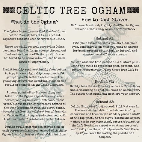 NOTE THAT THIS IS A DIGITAL ITEM. YOU WILL NOT HAVE A PHYSICAL COPY SHIPPED TO YOU. THIS IS A DIGITAL FILE THAT YOU WILL BE ABLE TO DOWNLOAD AND PRINT ONCE PURCHASED.   CELTIC TREE OGHAM MEANINGS AND CASTING INSTRUCTIONS  This beautiful set of instructions will allow you to easily understand how to cast and read Celtic Tree Ogham Staves. These sets can be purchased, but are even better if made by the caster, as this creates a strong connection between the caster and set of staves.  This printabl Celtic Shamanism, Ogham Staves, Journaling Topics, Celtic Witchcraft, Tree Ogham, Celtic Ogham, Celtic Paganism, Spirit Guides Meditation, Heritage Aesthetic