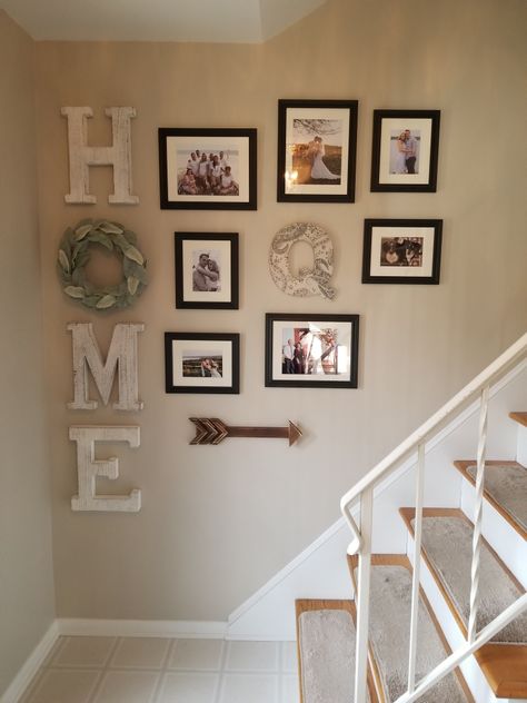 Downstairs Ideas Decor, Home Decor Ideas Upstairs Hallway, Up The Stairs Photo Wall, Open Hallway Decor, Family Hallway Ideas, Hallway Decorating Family Pictures, Small Staircase Ideas Decor Stairways, Home Hallway Decor Wall Ideas, Wall Gallery Ideas Stairs