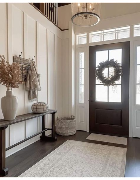 Wide Foyer Ideas Entryway, Batten Walls, Modern Farmhouse Entryway, Foyer Ideas Entryway, Farmhouse Entry, Home Entryway, Elegant Entryway, Earthy Home Decor, Entry Stairs