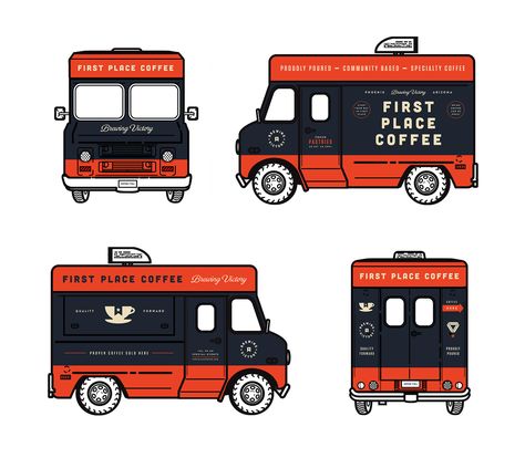 First place coffee truck Truck Cafe Design, Coffee Truck Branding, Coffee Camper Food Truck, Food Truck Illustration Design, Mini Truck Coffee Shop, First Place, Food Truck Business, Coffee Truck, Brand Assets