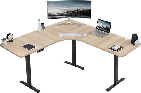 VIVO Electric Height Adjustable 71 x 71 inch Curved Corner Stand Up Desk, Light Wood Table Top, Black Frame with Memory Controller, Triple Motor L-Shaped Standing Workstation, DESK-KIT-E3CBC Standing Workstation, Desk Kit, Light Wood Table, Corner Standing Desk, Corner Stand, Standing Work Station, Corner Workstation, Workstation Desk, Amazon Items