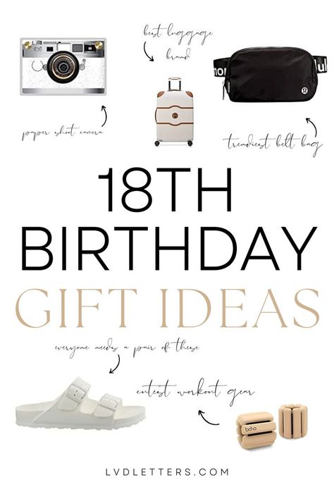 18th birthday gift ideas. Collage of different 18th birthday gift ideas including paper shoot camera, lululemon fanny pack, suitcase, white birkenstocks, bala bangles What To Get Her For Her Birthday, What To Ask For 18th Birthday, 18th Bday Gifts, 18th Birthday Wishlist, Gift For 18th Birthday Girl, 18th Birthday Gift Ideas, Gift For Friend Girl, Gifts For 18th Birthday, 18th Bday