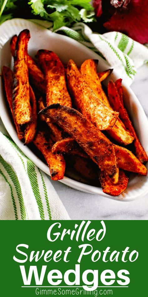 Grilled Sweet Potato Wedges are a delicious side dish on your grill. This sweet potato recipe is seasoned perfectly and they give these wedges and amazing flavor. Make this recipe on the grill soon! #sweetpotato #recipe Grilled Sweet Potato Fries, Sweet Potato Seasoning, Grilled Sweet Potatoes, Easy Grilling Recipes, Crispy Sweet Potato, Grilling Sides, Sweet Potato Wedges, Grilled Potatoes, Cooking Sweet Potatoes