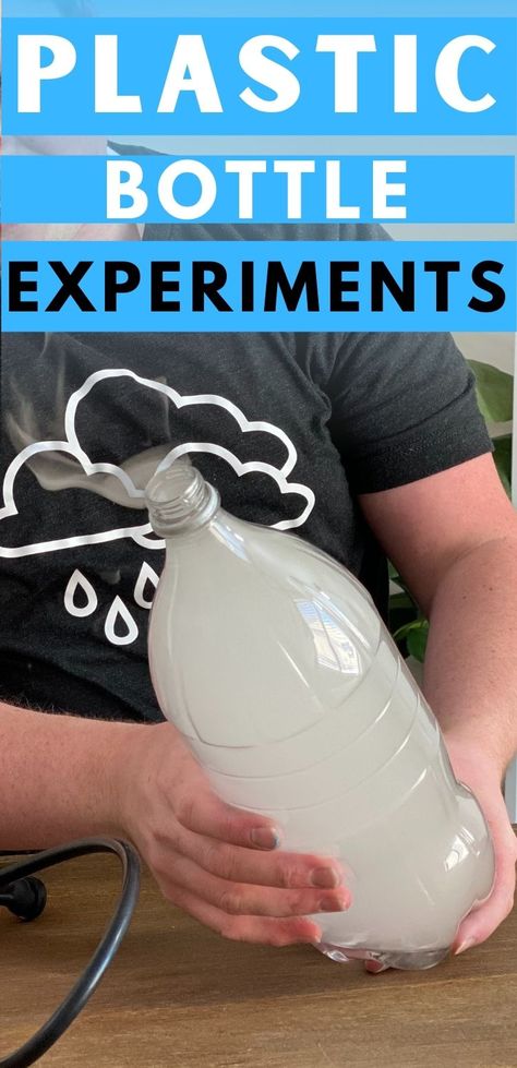 You can do so many fun science experiments with plastic bottles Plastic Bottle Science Project, Kid Experiments At Home, Cloud In A Bottle, Cloud Experiments, Easy Experiments, Weather Experiments, Fun Experiments For Kids, Cloud In A Jar, Fun Science Experiments