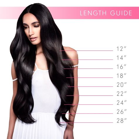 Weave Hair Length Chart - Hair Extensions Length Guide Chocolate Balayage, Glam Seamless, Hair Chart, Permanent Hair Extensions, Hair Extension Lengths, Chocolate Dip, Lumpy Space, Hair Extension Brands, Hair Length Chart