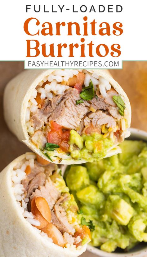 A fully-loaded carnitas burrito is one of my favorite meal prep dishes that's also great for freezer meals, parties, or family dinner nights. With slow-cooked shredded pork, easy homemade guac, tender white rice, and all the best burrito mix-ins, this simple recipe is full of flavor. I'll even walk you through a totally foolproof method for rolling perfect burritos every time. How To Make Carnitas, Carnitas Burrito, Pork Burritos, Homemade Guac, Best Burrito, Family Dinner Night, Burrito Recipe, Slow Cooked Pork, Burritos Recipe