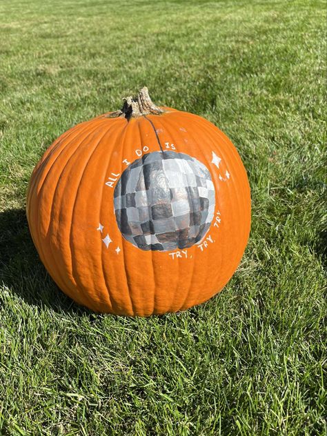 Aesthetic Pumpkin Designs, Eras Tour Pumpkin Painting, Taylor Swift Pumkin Ideas, Taylor Swift Halloween Pumpkin, Disco Ball Pumpkin Painting, Taylor Swift Pumpkin Ideas, Swiftie Pumpkin, Pumpkin Painting Ideas Taylor Swift, Taylor Swift Pumpkin Painting