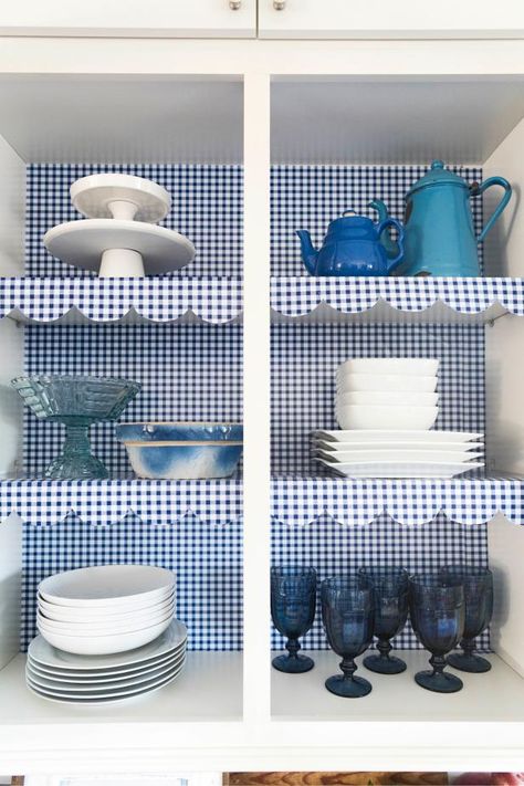 Self-adhesive shelf liner isn't just great for lining drawers, use it to inexpensively give glass-front kitchen cabinets or open shelving a big pop of color and vintage-style charm. Shelf Liner Ideas Kitchen Cabinets, Inside Kitchen Cabinets Lining, Kitchen Shelf Liner Ideas, Cabinet Shelf Liner Ideas, Shelf Liners Kitchen Cabinets, Cabinet Liner Ideas, Shelf Liner Ideas, Porch Shelves, Glass Front Kitchen Cabinets