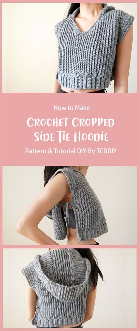 This pattern was made to teach how to make a Crochet Cropped Side Tie Hoodie . It is an easy to follow tutorial with detailed instructions on each step of the process. Cropped Hoodie Crochet, Crochet Vest Tie Sides, Crochet Cropped Hoodie, Hoodie Crochet Pattern, Vest Top Pattern, Crochet A Sweater, Hoodie Crochet, Crochet Vests, Vest Pattern Free