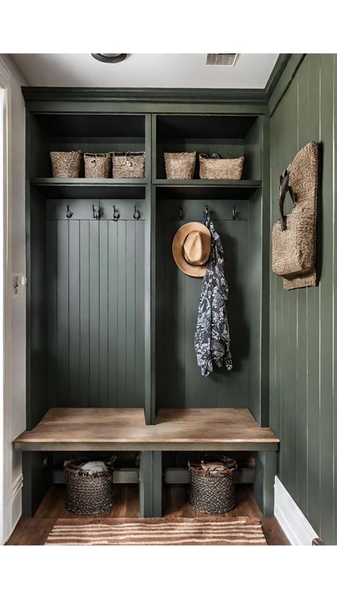 Green Mudroom Bench, Green Cabinets Mudroom, Sage Mudroom, Sage Green Mudroom, Mudroom Green, Natural Wood Shiplap, Green Mudroom, Green Shiplap, Shiplap Interior