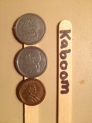 money game - Hot glue some coins to about 20 popsicle sticks. Write "Kaboom" on about 5 sticks. Kids play in groups of 2-4. When it's your turn, you pull out a stick. You add the coin values and tell the amount. If your partner or group members agree with you, you get to keep the stick. If you pull a Kaboom stick you have to put all of your sticks back in the cup. Math Jenga, Kaboom Game, Math Money, Easy Math, Teaching Money, Money Math, Counting Money, Fun Money, Money Skills