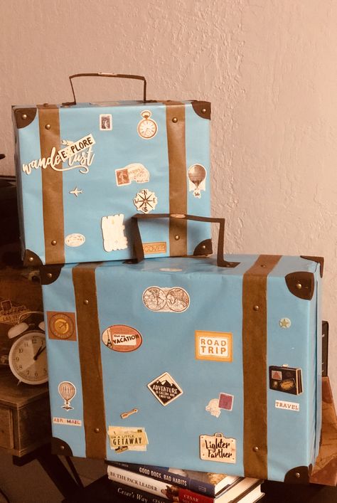 Diy Cardboard Suitcase How To Make, Cardboard Box Suitcase Diy, Passport Bulletin Board Ideas, Road Trip Party Decorations, Travel Window Display, Diy Suitcase Cardboard, Road Trip Decorations, Travel Birthday Party Theme, Travel Theme Birthday