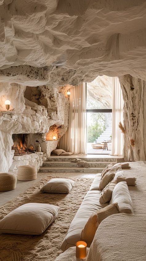 Cave House Interior, Fantasy House Interior, Cave Interior, Cave Houses, Villa Bedroom, Cave Room, Spring Interiors, Cave Home, Cave House