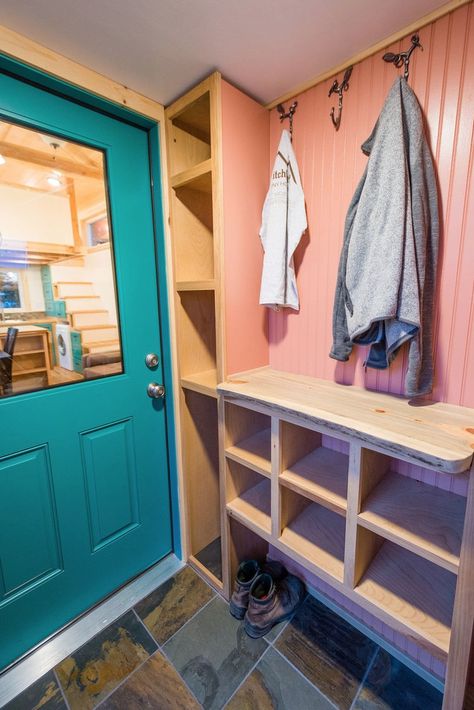 Laura’s Amazing 10-Ft Wide Tiny House with Mudroom, Storage, Full Kitchen, Two Entries, And More… Small Entryway Design, Wide Tiny House, Entryway Design Ideas, Entryway Design, Tiny House Builders, Tiny Cabins, Entry Way Design, Small Entryway, Tiny Houses For Sale