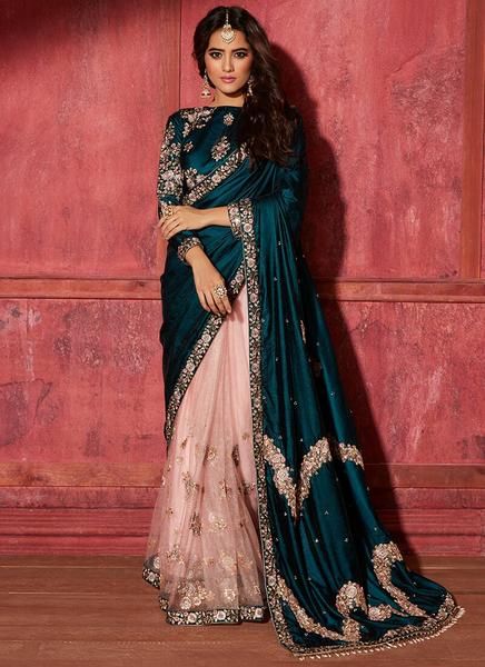 Teal and Light Pink Embroidered Saree   – Lashkaraa Sari Traditional Indian, Designer Georgette Sarees Party Wear, Royal Look Indian Dress, India Sari Dress, Indian Sari Dress Traditional, Indian Sari Dress Modern, Traditional Sarees Indian, Indian Designer Sarees Wedding, Sari Colors