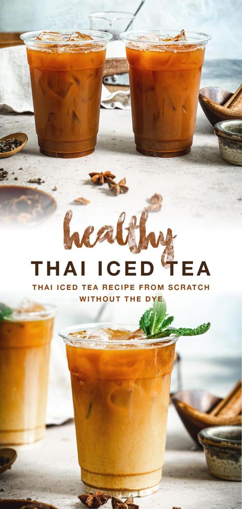 This sweet and creamy Thai Tea Recipe from Scratch is a decadent chilly caffeinated drink recipe without the harmful dyes. Sip this beautiful beverage with a bold ombre orange color to cool off or cool down when eating spicy Thai foods. #HealthyThaiIcedTea #ThaiIcedTeaRecipe #EasyThaiIcedTea Tropical Tea Recipe, Barista Tea Recipes, How To Make Thai Tea At Home, Thai Tea Recipe Easy, Healthy Thai Tea Recipe, Thai Tea Recipe Authentic, Cold Teas Recipes, Unique Tea Recipes, Iced Tea Flavors