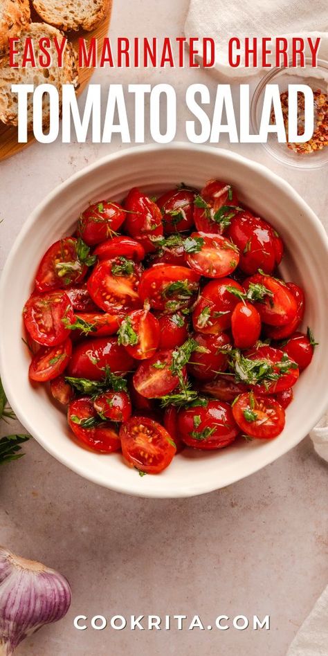 Enjoy a refreshing marinated cherry tomato salad with a blend of olive oil, garlic, vinegar, and fresh herbs. Perfect as a light side dish or appetizer! Cherry Tomato Appetizers, Marinated Tomato Salad, Marinated Cherry Tomatoes, Summer Side Dishes Recipes, Gluten Free Recipes Side Dishes, Tomato Salad Recipe, Cherry Tomato Salad, Crispy Garlic, Tomato Salad Recipes