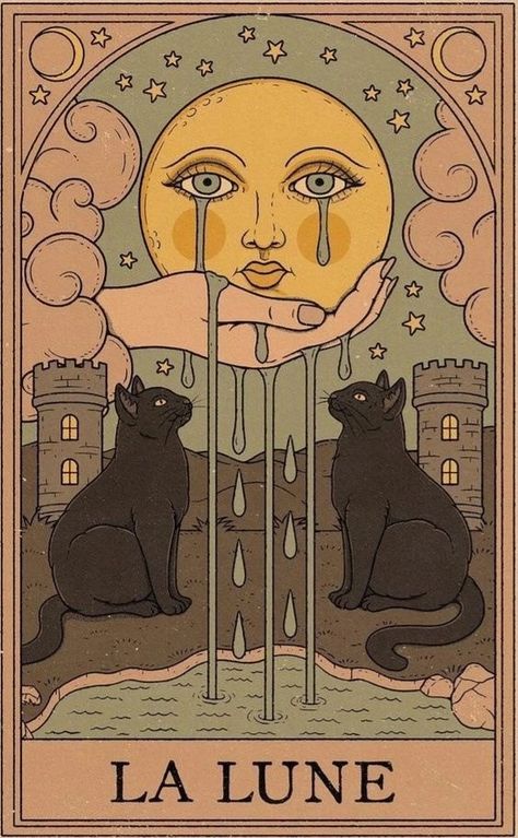 Tarot Cards Art Illustration, Whats Wallpaper, The Moon Tarot, Tarot Cards Art, Tarot Art, Cat Posters, Vintage Poster Art, Art Collage Wall, Moon And Stars