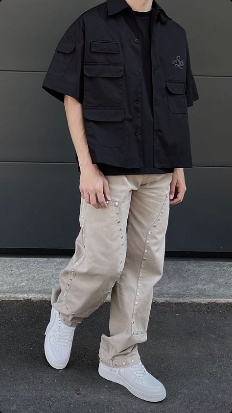 Box Shirt Outfit, Workshirt Outfit Men, Workshirt Design, Man Outfit Casual, Man Street Style, Desain Merek, Streetwear Fashion Men, Cargo Outfit, Man Outfit