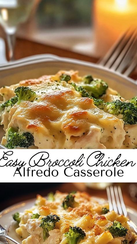 Discover the ultimate comfort food with this creamy broccoli chicken Alfredo casserole! Every bite is packed with tender pasta, juicy chicken, and nutrient-rich broccoli, all smothered in a rich, homemade Alfredo sauce. With its gooey melted cheese topping, this casserole is the perfect family-friendly meal for any occasion. Chicken Fettuccine Alfredo Casserole, Broccoli Chicken Alfredo, Easy Cheesy Broccoli, Chicken And Broccoli Alfredo, Cheesy Dinner, Alfredo Casserole, Chicken Pasta Casserole, Chicken Alfredo Casserole, Chicken Broccoli Pasta