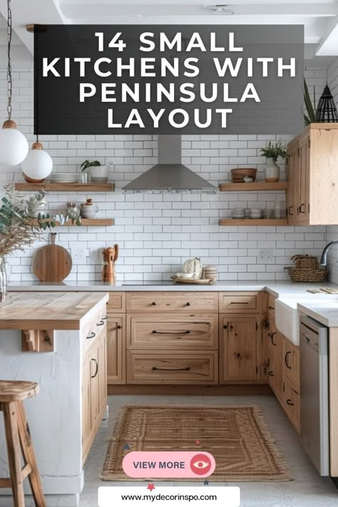 Find cozy and efficient design ideas in these 14 small kitchens with peninsula layouts. Perfect for transforming your small space into a kitchen you love. Kitchen Layout With Peninsula And Island, Kitchen Small Peninsula, Small Square Kitchen Design Layout, Short Peninsula Kitchen, Tiny Kitchen Open Concept, L Small Kitchen Ideas, Modern Farmhouse Kitchens With Peninsula, Peninsula Kitchen Design Breakfast Bars, Kitchen Layout With Open Shelving