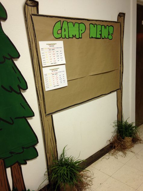 Camp news bulletin- post schedule and pictures for the week Summer Camp Classroom Themes, Camp Classroom Decorations, Outdoors Themed Classroom, Prek Camping Theme Classroom, Summer Camp Decorating Ideas, Camp Themed Bulletin Board, Summer Camp Office, Camp School Theme, Camping Classroom Decorations