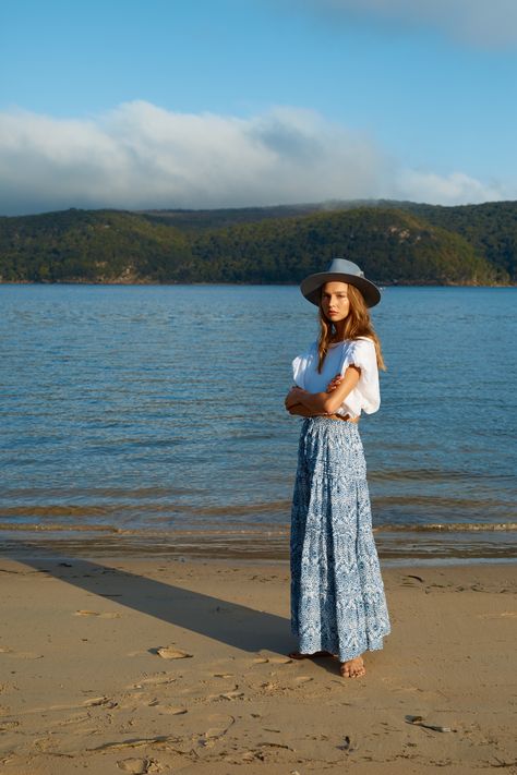 ÉSS THE LABEL Francesca Brushed Cotton Blouse - White Maxi Pleated Skirt, Summer Stuff, Pleated Maxi Skirt, Beach Fashion, Blue Maxi, Pleated Maxi, Spring Summer Outfits, Modest Outfits, Beach Style