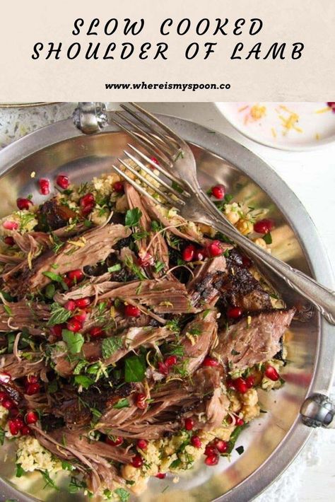 Pulled lamb with pomegranate and mint yogurt, you will love this fall off the bone lamb shoulder. #whereismyspoon #lambshoulder #pulledlamb #lambpomegranate Slow Cooker Lamb Roast, Pomegranate Lamb, Easter At Home, Pulled Lamb, Lamb Roast Recipe, Easter Dinner Ideas, Cook Lamb, Slow Cooker Lamb, How To Cook Lamb