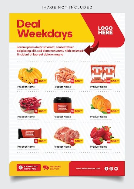 Supermarket deals weekdays promotion fly... | Premium Vector #Freepik #vector Supermarket Brochure, Supermarket Poster, Grocery Flyer, Price Tag Design, Promotion Flyer, Catalog Template, Promo Flyer, Advertising Flyers, Flyer Design Inspiration