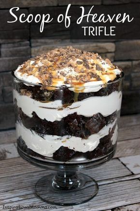 This Scoop of Heaven Trifle has rich Devil's Food cake, smooth whipped cream, sweet caramel, and crunchy toffee...the perfect dessert! Need I say more? Oreo Trifle, Trifle Bowl Recipes, Trifle Dessert Recipes, Oreo Desserts, Devil's Food Cake, Dessert Parfait, Oreo Fudge, Trifle Desserts, Devils Food Cake