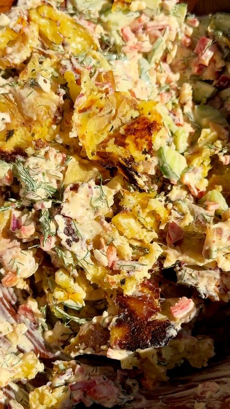 Smashed Potato Salad Smashed Potato Salad Pioneer Woman, Crispy Mashed Potato Salad, Smash Potato Salad, Smashed Potato Salad Recipe, Savory Potato Salad, Smashed Potato Salad, Creamy Recipes, Potato Salad Recipe, Smashed Potatoes