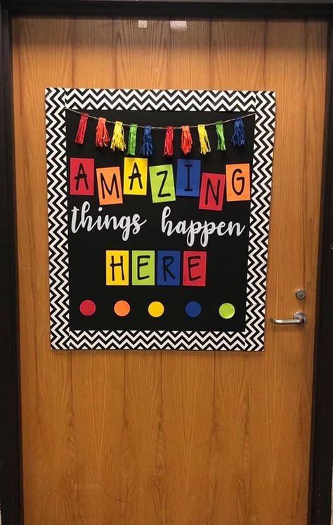 Amazing Things Happen Here Bulletin Board, Amazing Things Happen Here Door, Amazing Things Happen Here Bulletin, Softboard Ideas, Amazing Things Happen Here, Character Bulletin Boards, Rainbow Theme Classroom, Fall Classroom Door, Ks2 Classroom