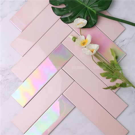 Pastel Backsplash Kitchen, Iridescent Tiles Kitchen, Pink Countertops Kitchen, Holographic Tiles, Pink Tile Kitchen, Pink Tiles Kitchen, Pink Backsplash Kitchen, Pink Kitchen Backsplash, Pink And Gold Kitchen