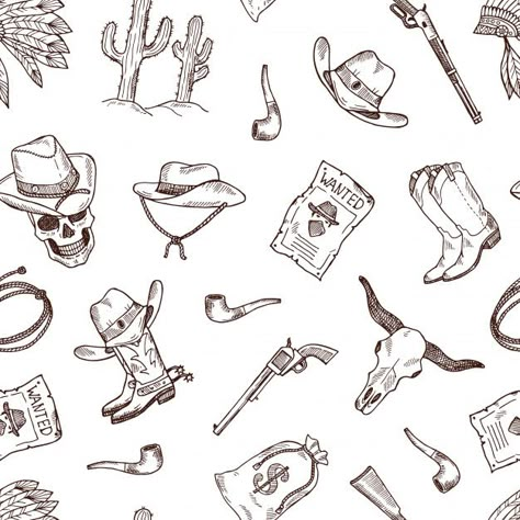 Vintage Wild West, Cowboy Style Tattoo, Cowboy Aesthetic Drawing, Cowboy Pattern, Wild West Tattoo Ideas, Wild West Tattoo, Western Patchwork Tattoo, Cowboy Print, Western Pattern