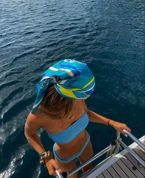 Blue Boat Aesthetic, Bachelorette Boat Day Aesthetic, Blue Bikinis Royal Aesthetic, Bandana Beach Outfit, July Girl Aesthetic, Blue Swimsuit Aesthetic, Ocean Photo Ideas, Bianca Core, Greece Photoshoot