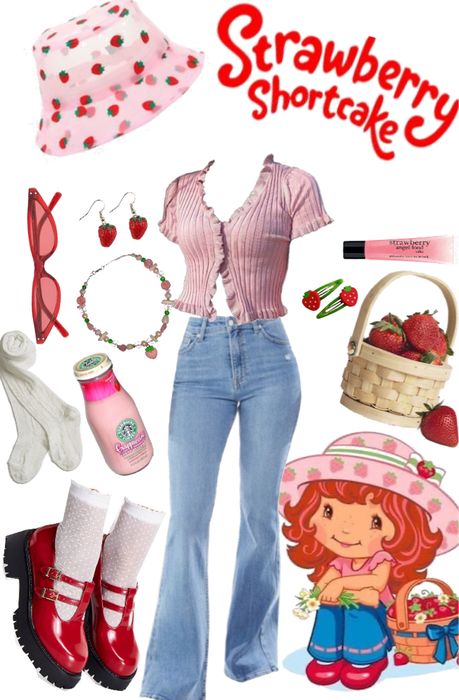 Toadette Inspired Outfit, Lola Bunny Inspired Outfits, Character Based Outfits, Strawberry Shortcake Inspo Outfit, Strawberry Themed Outfit Aesthetic, Character Outfits Halloween, Strawberrycore Aesthetic Outfits, Fictional Characters Outfit Ideas, 80 Halloween Costumes