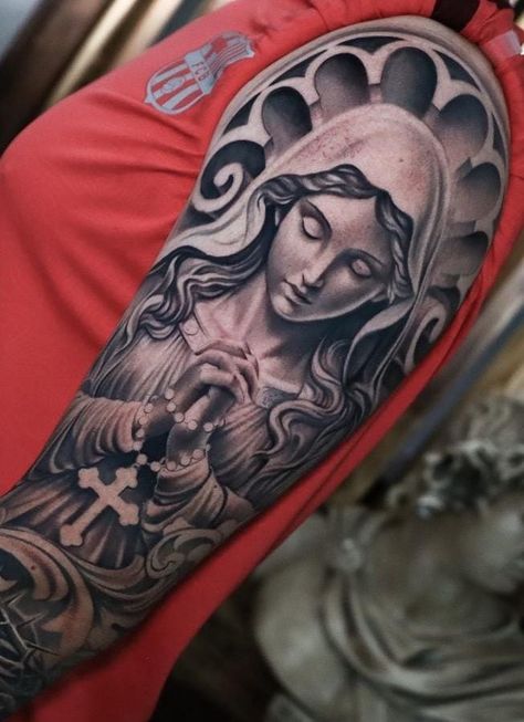 Virgin Mary Tattoo Back Pieces, Sacred Heart Tattoo On Chest, Chicano Tattoo Arm, Half Sleeve Tattoos Upper Arm, Catholic Tattoos Sleeve, Hail Mary Tattoo, Virgin Mary Hand Tattoo, Saint Mary Tattoo, Virgin Mary Tattoo For Women