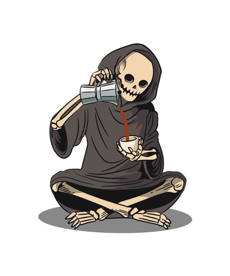 Coffee Skull Art, Skeleton Holding Coffee, Reaper Cartoon, Mug Tattoo, Grim Reaper Cartoon, Skull Coffee, Skeleton Coffee, Coffee Cartoon, Coffee Artwork