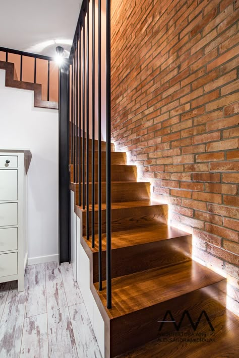 Staircase Gate, Staircase Lighting Ideas, Loft Staircase, Open Stairs, Staircase Design Modern, Brick Interior, House Staircase, Mexico House, Faux Brick Walls