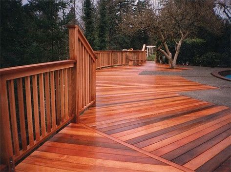 Red Cedar Deck, Cedar Decking, Elegant Backyard, Wood Decking, Cedar Deck, Rustic Patio, Deck Colors, Staining Deck, Cool Deck